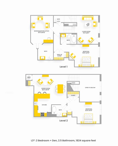 Floor plan for 2 beds, 2.5 baths, 1824 sqft